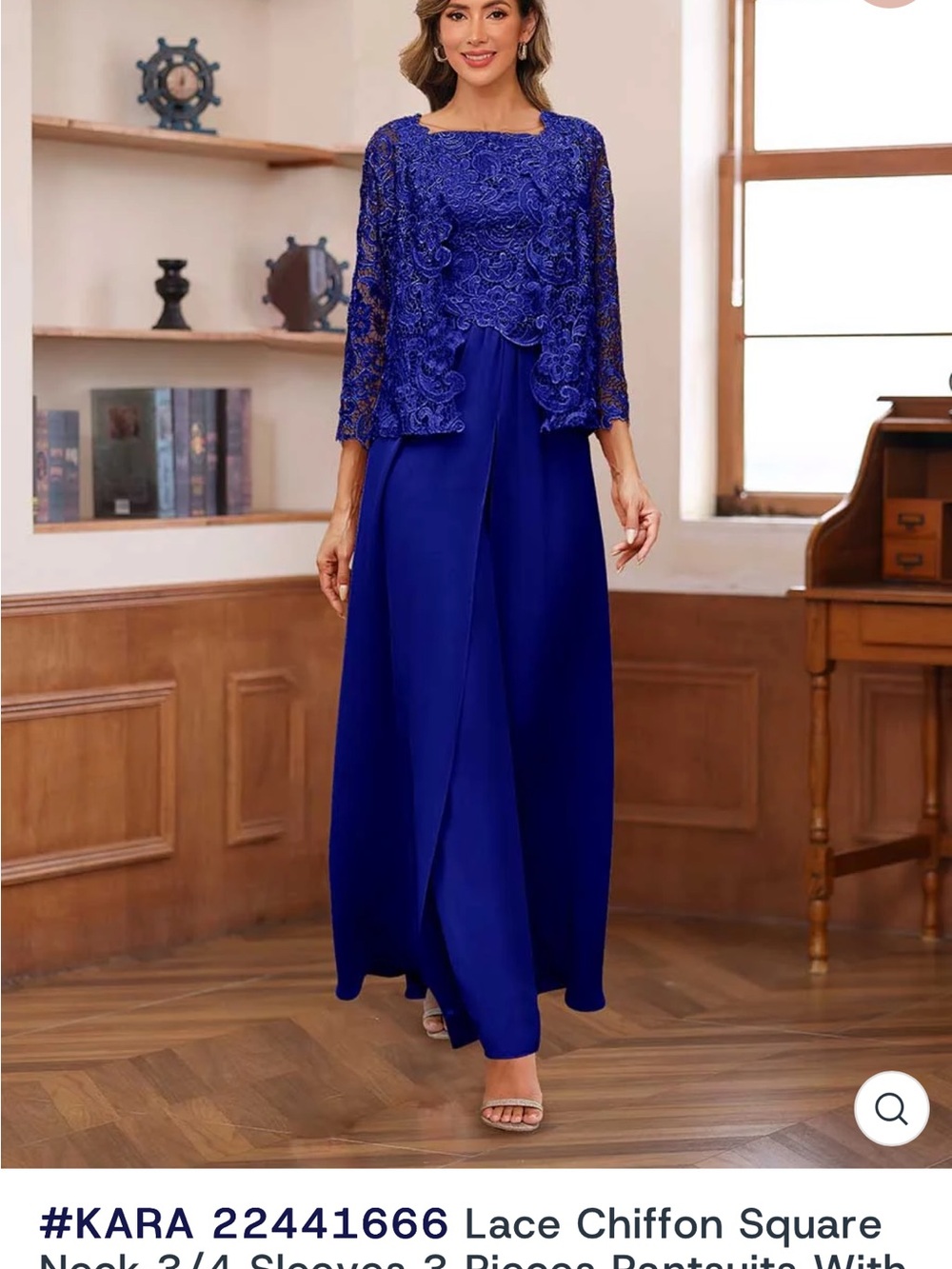 Kara Royal Blue Lace & Chiffon Long Sleeve Evening Dress